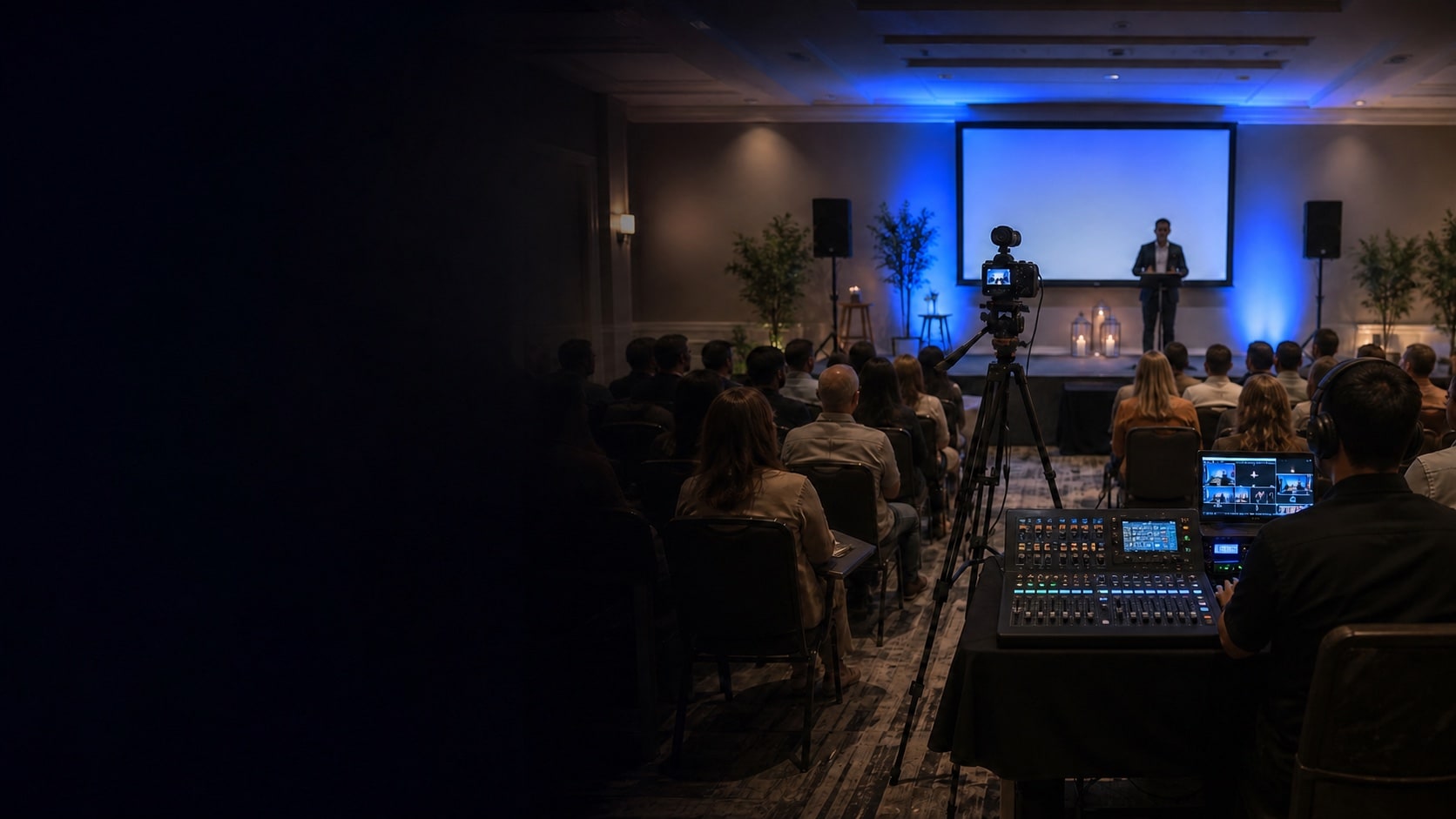 A practical audiovisual team supporting a community-sized event with a professional digital mixing console, projection, and video